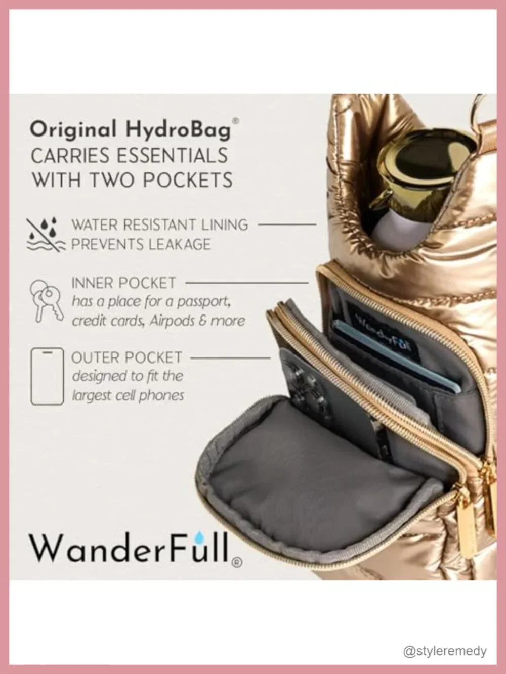 Quilted Water Bottle Holder Crossbody with Phone Pocket, Fits 32 oz